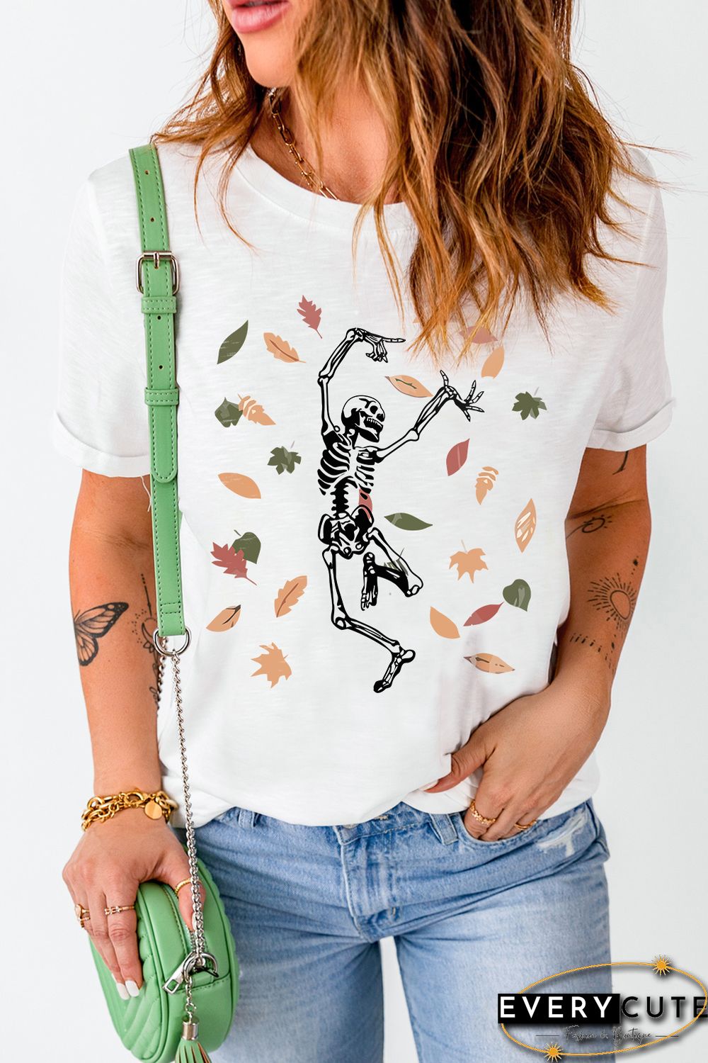 White Skeleton Leaves Graphic Print Short Sleeve T Shirt