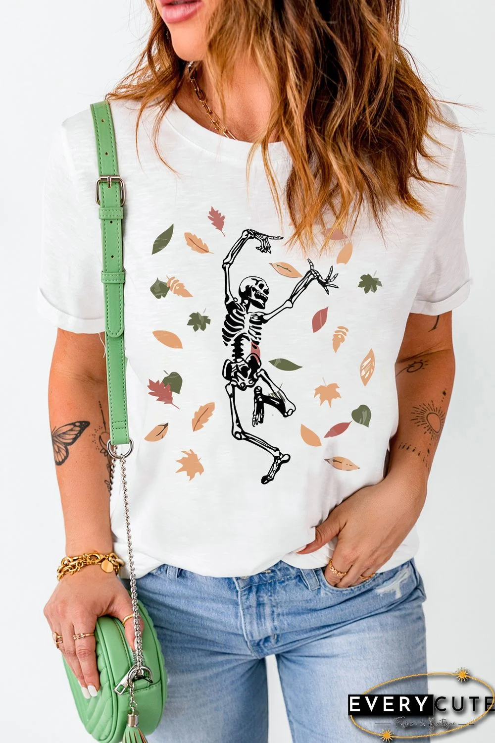 White Skeleton Leaves Graphic Print Short Sleeve T Shirt