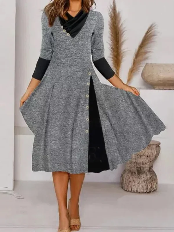 Color Block Tunic V-Neckline Midi A-line Dress