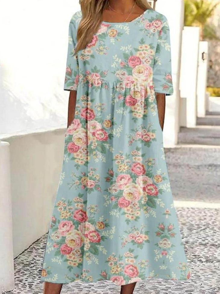 Vintage Floral Print Round Neck Pocket Midi Dress