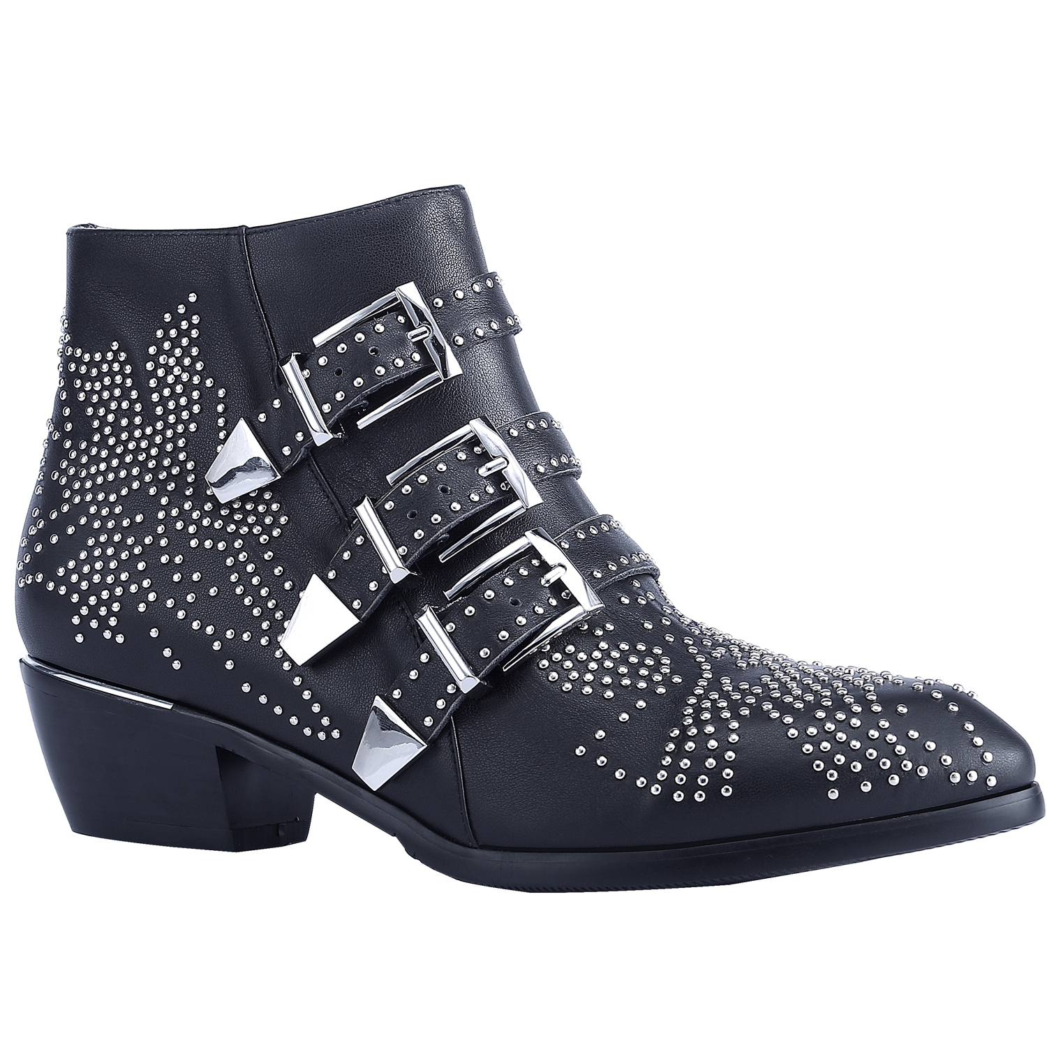 Women's Rivets Metal Buckle Low Heels Ankle Boots Black Silver-vocosishoes
