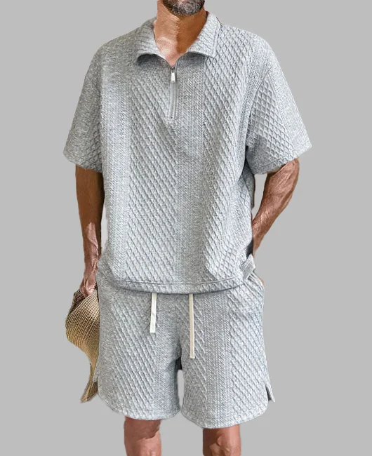 Casual Textured Zipper Polo Shirt & Drawstring Shorts 2Pcs Set 