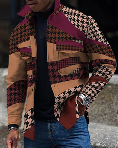 Men's Houndstooth Geometry Double Pocket Coat  0003