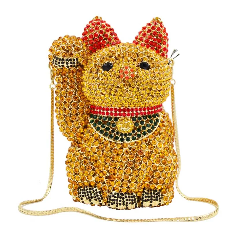 Lovely fortune cat Luxury Evening Party Purse Gold Grey Women Diamond Clutch Bag sparkly banquet packet SC654