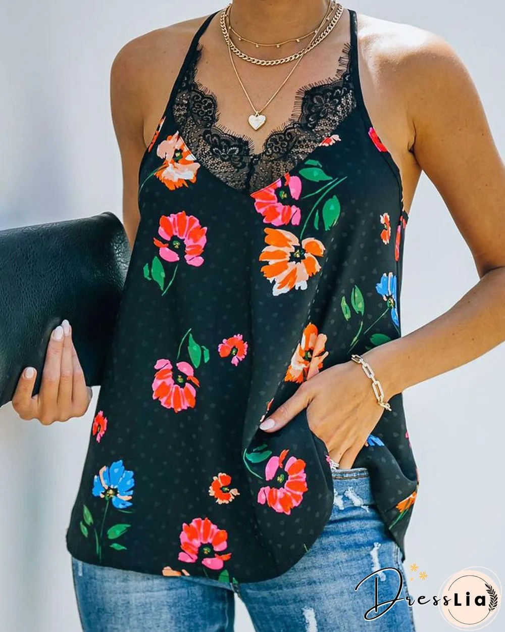 Floral Print Lace Hem Backless Cami Top