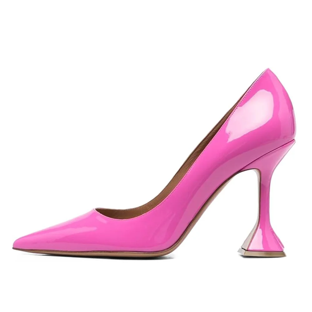 Pink Patent Leather Pointed Elegant Pumps with Flared Heel
