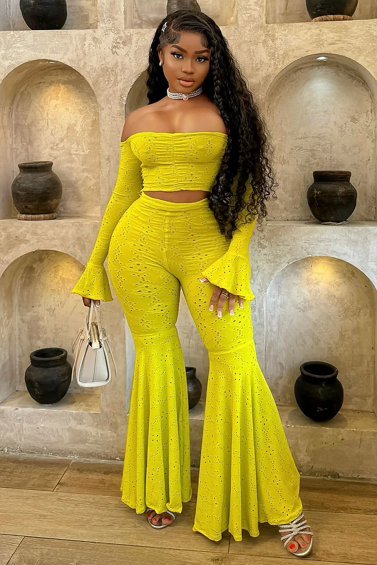 Cutwork Embroidery Off Shoulder Top Flare Pants 2pcs Set-Yellow [Pre Order]
