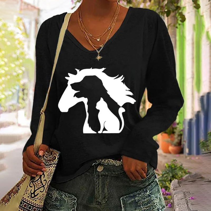 Funny Horse Dog Cat Print Long Sleeve T-Shirt wearshes