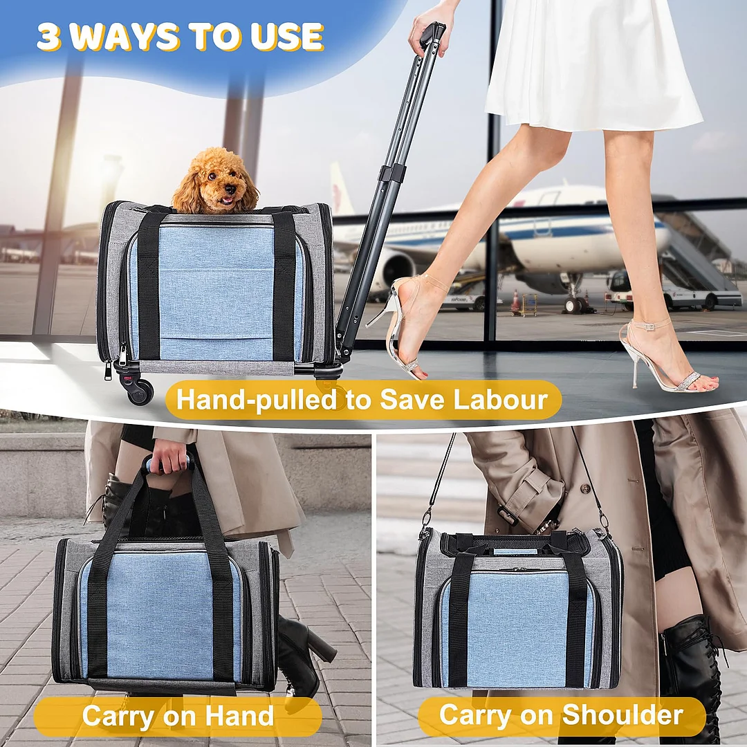 BEBANG Rolling Pet Carrier with Wheels, Expandable Pet Carrier for Small Dogs Cats Under 26LBS, Foldable Small Dog Bag with Wheels Removable for Travel, Outdoor