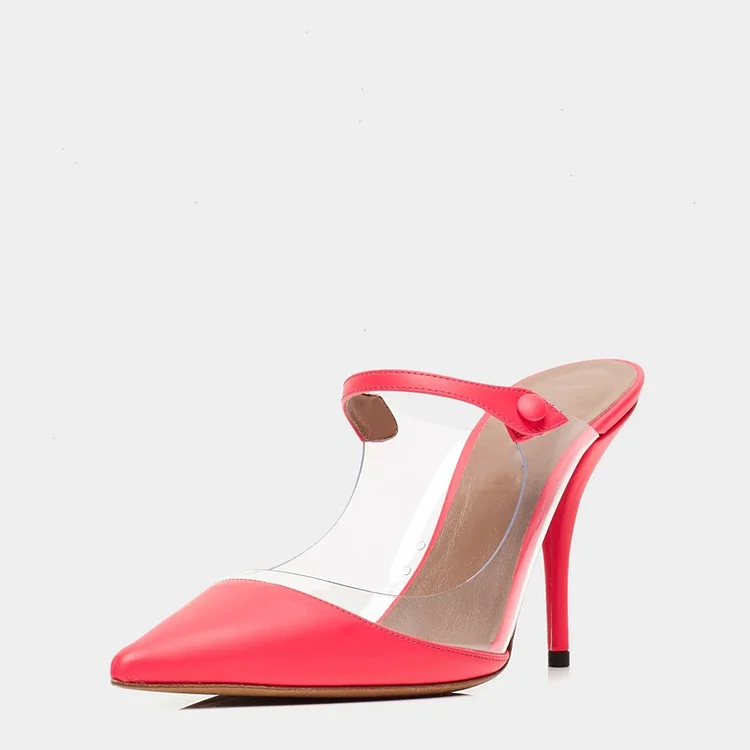 Red Pointed Toe PVC Patchwork Buckle Strap Mule Heels |FSJ Shoes