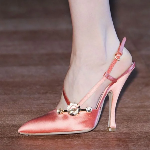 Pink Satin Slingback Pumps Pointed Toe Spool Heels for Women |FSJ Shoes