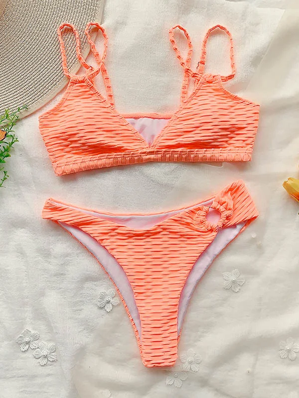Solid Color Jacquard Fabric Embellished Bandage Split Bikini Swimsuit