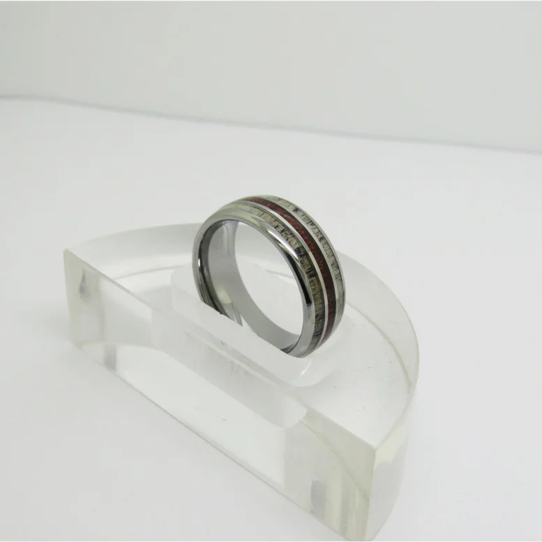 8MM Sliver Tungsten With Full Arc Polished With Deer Antler On Both Sides And Mahogany In The Middle Wedding Bands