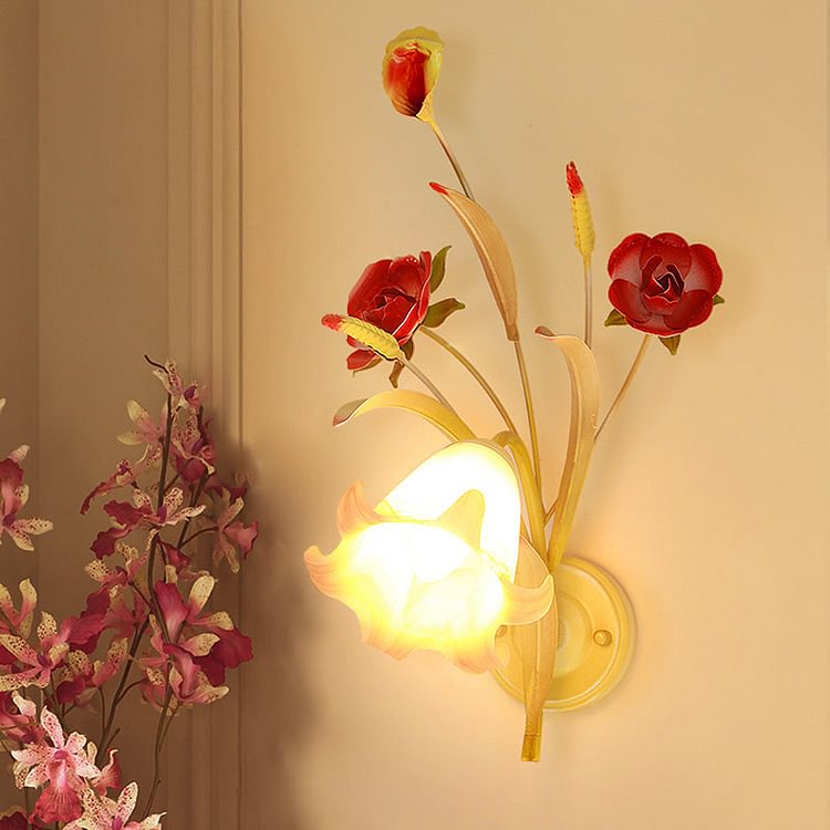 Pastoral Rose Wall Light Sconce 1/2 Bulbs Metal Wall Lamp Fixture in White for Bedroom