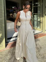 Bokeni Sexy Solid Sleeveless Women Zipper Long Pleated Dress Fashion V-neck Zipper Slim Sleeveless Dresses 2025 Summer Office Lady Robe