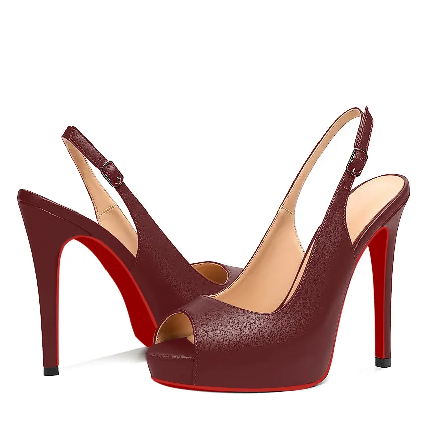 120mm Strap Slingback Sandals Peep Toe Platform Stilettos Red Bottom Matte Heels-vocosishoes