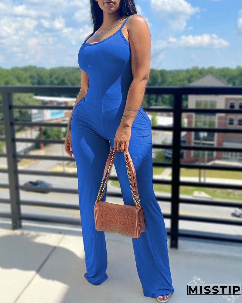 Printed Solid Color Straps Jumpsuit
