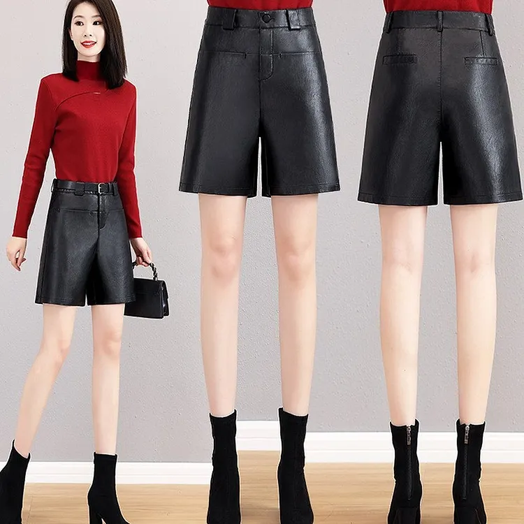 High Rise Faux Leather Shorts for Women Pocket Detail Streetwear