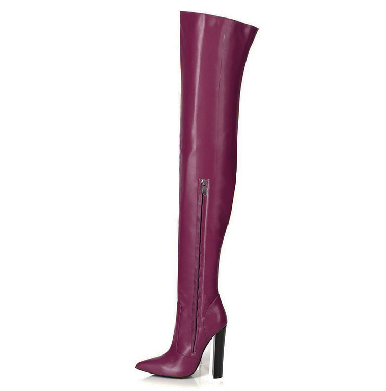 Custom Made Burgundy Chunky Heels Thigh High Boots |FSJ Shoes