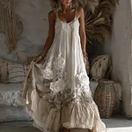 Women's Vintage White Rose Embroidery Pattern Sleeveless Dress - Image 2