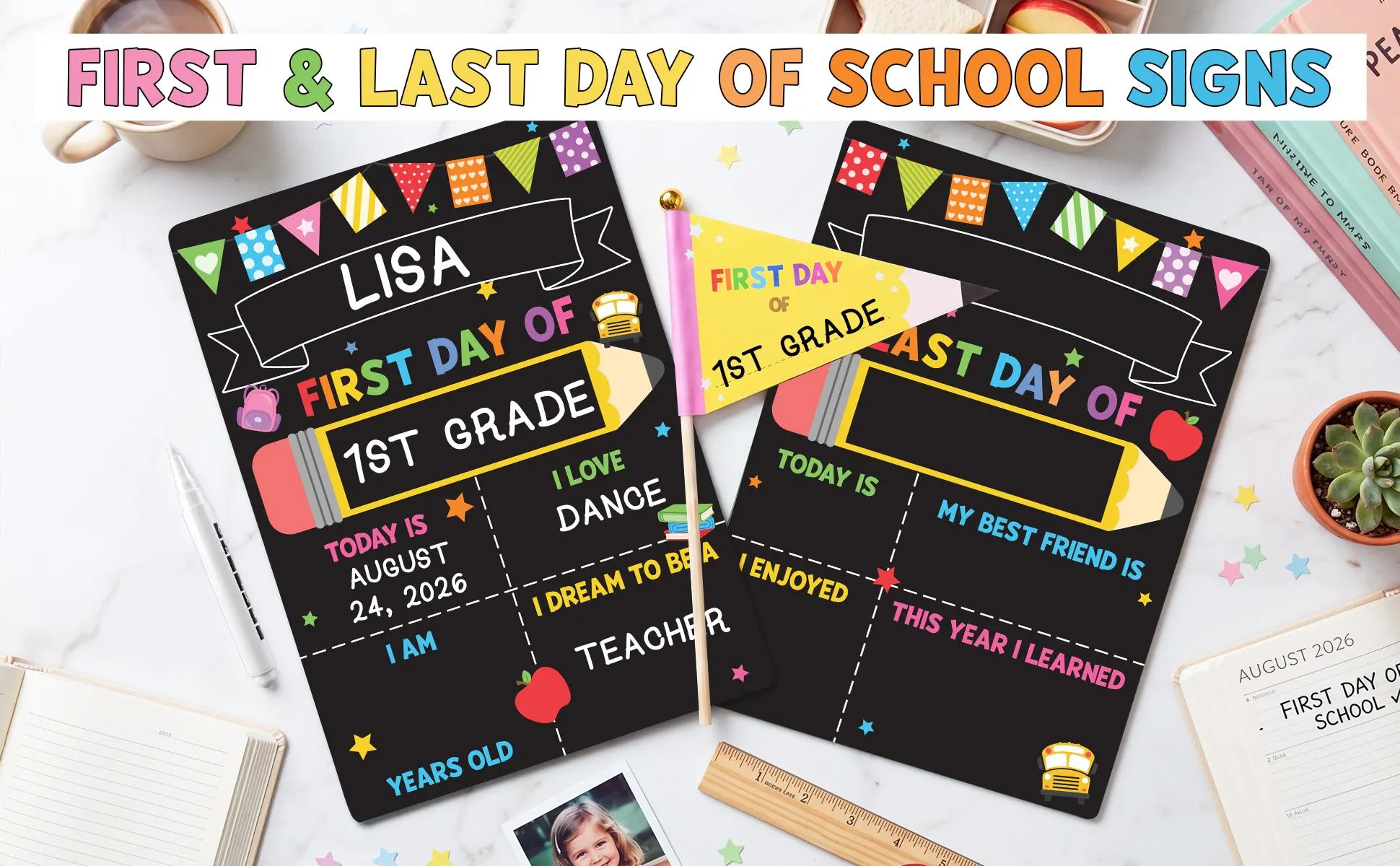 BEAWART First Day of School Black Sign Board, 10x14 Double-Sided First & Last Day Chalkboard Sign, Reusable Back to School Photo Prop For Preschool Kindergarten Kids, Includes Pencil Flag & White Chalk Marker BEAWART First Day of School Black Sign Board, 10x14 Double-Sided First & Last Day Chalkboard Sign, Reusable Back to School Photo Prop For Preschool Kindergarten Kids, Includes Pencil Flag & White Chalk Marker