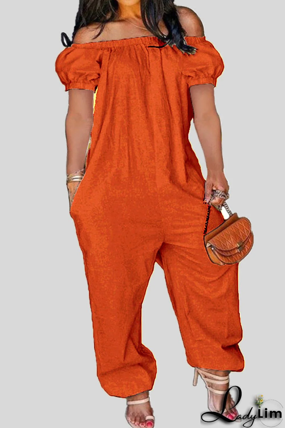 Tangerine Red Casual Solid Patchwork Off the Shoulder Loose Jumpsuits