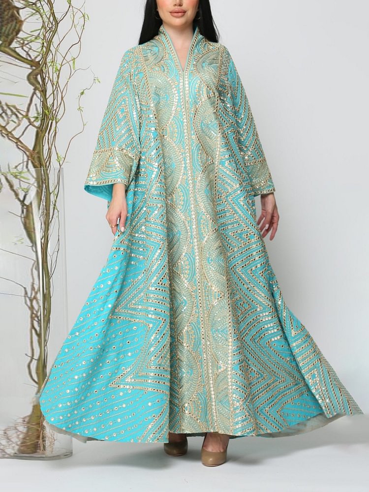 V-necked  blue long printed kaftan dress فساتين