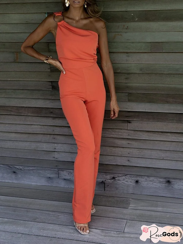 Sexy Backless Sleeveless Jumpsuit Summer Women Elegant Diagonal Collar One Shoulder Playsuits Fashion Solid Slim Ladies Rompers