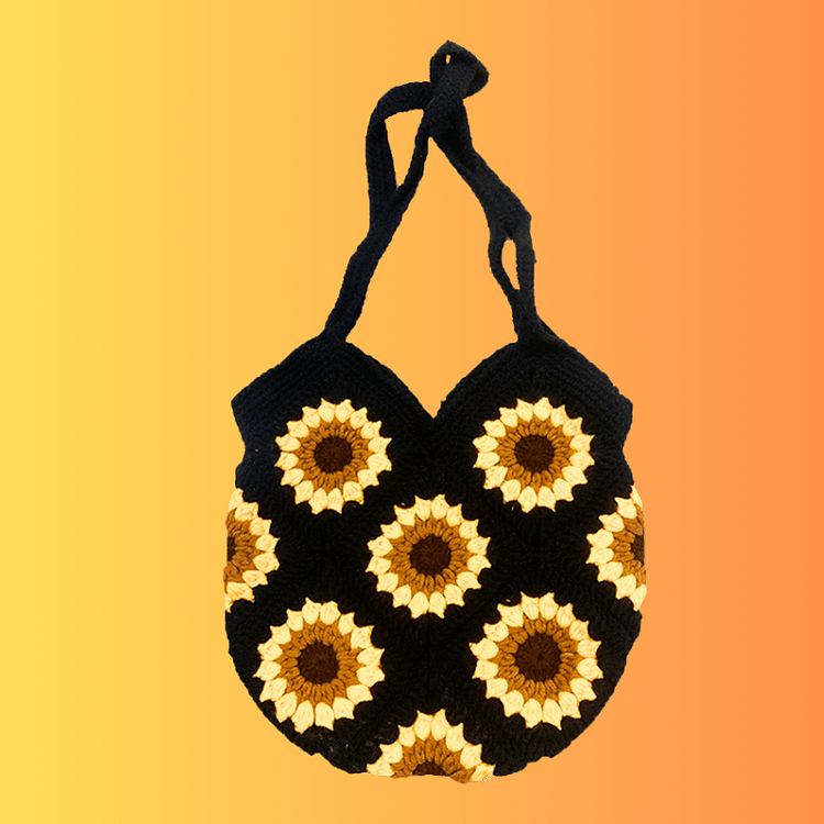 Lulusnow Handmade Black Classic Sunflower Crochet Granny Square Bag