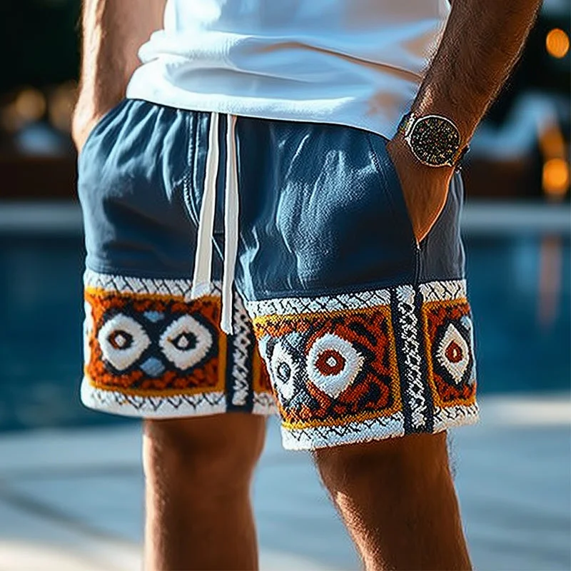Blue Shorts with Ethnic Patterns and Mesh Fabric