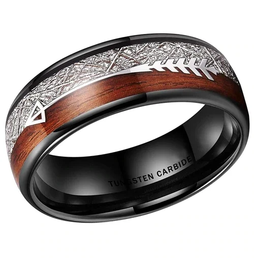 6MM 8MM Women's Or Men's Tungsten Carbide Wedding Matching Rings Black Tone with Cupid's Arrow with Wood and Inspired Meteorite Inlay Domed Top