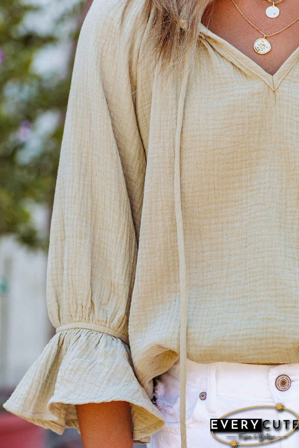 Green Textured Ruffled 3/4 Sleeve Drawstring V Neck Top