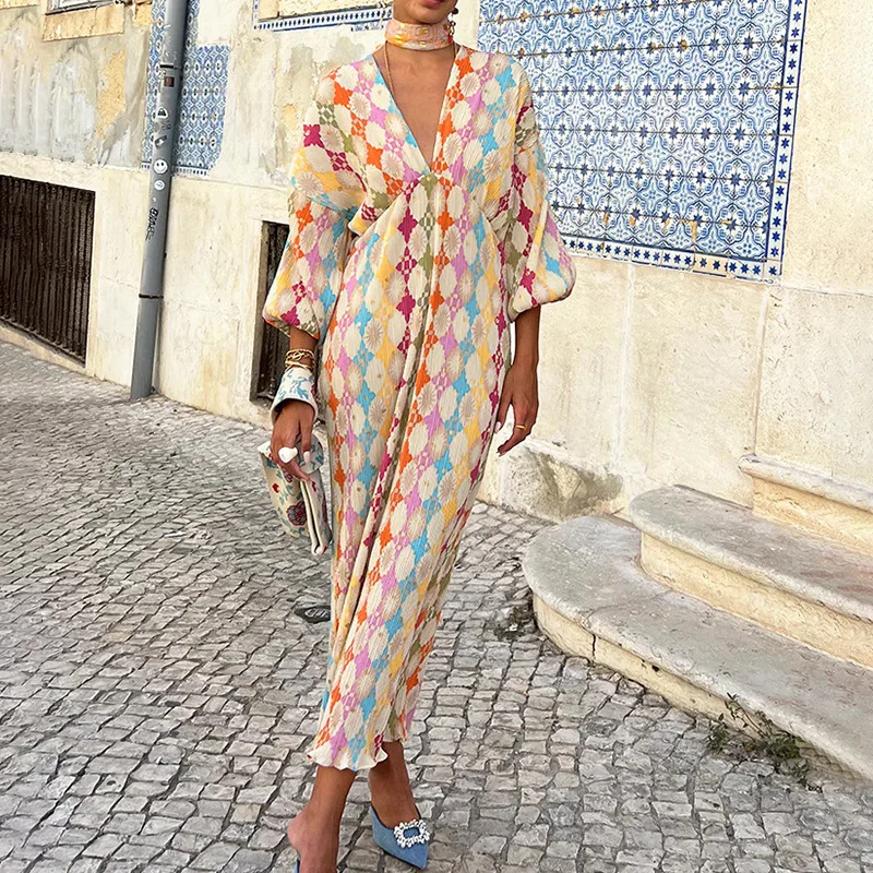 Brownm Brownm Women's Wear Temperament Elegant Printing Elegant V-Neck Lantern Half Sleeve A Line Dress Female
