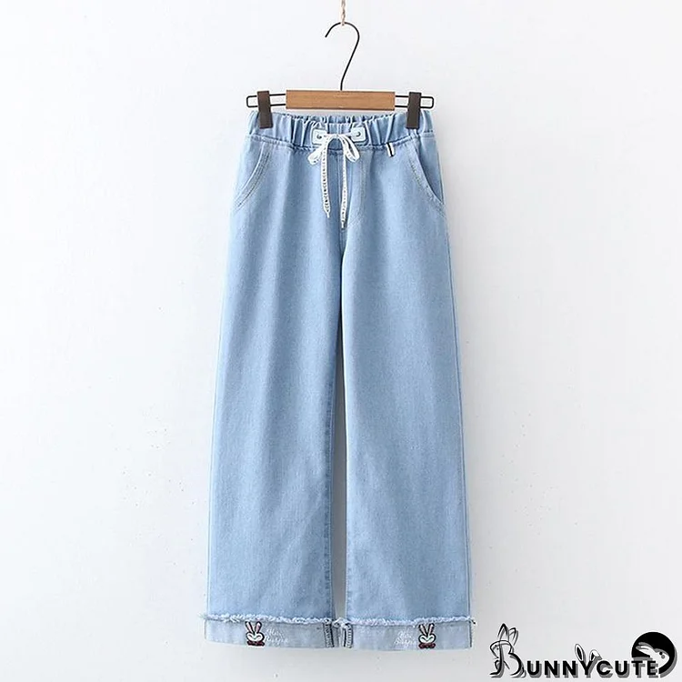 Bunny Embroidery Letter Drawstring Jeans