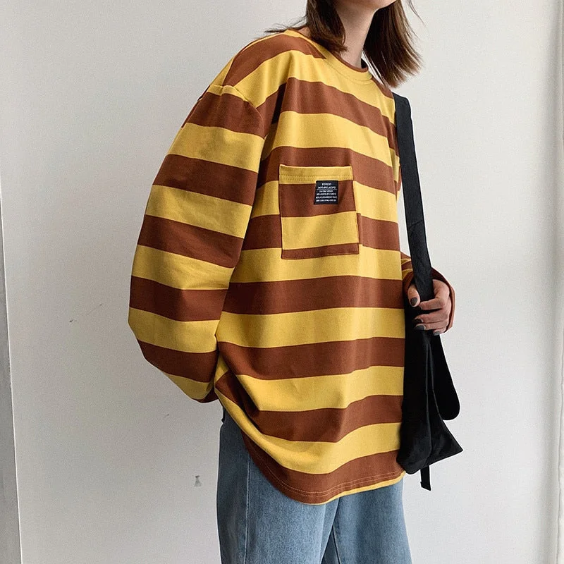 Hot Sale 2021 Striped All-Match Men's T-Shirt Harajuku Korean Style Loose Oversized Long Sleeve Clothes Hip Hop Streetwear Tops