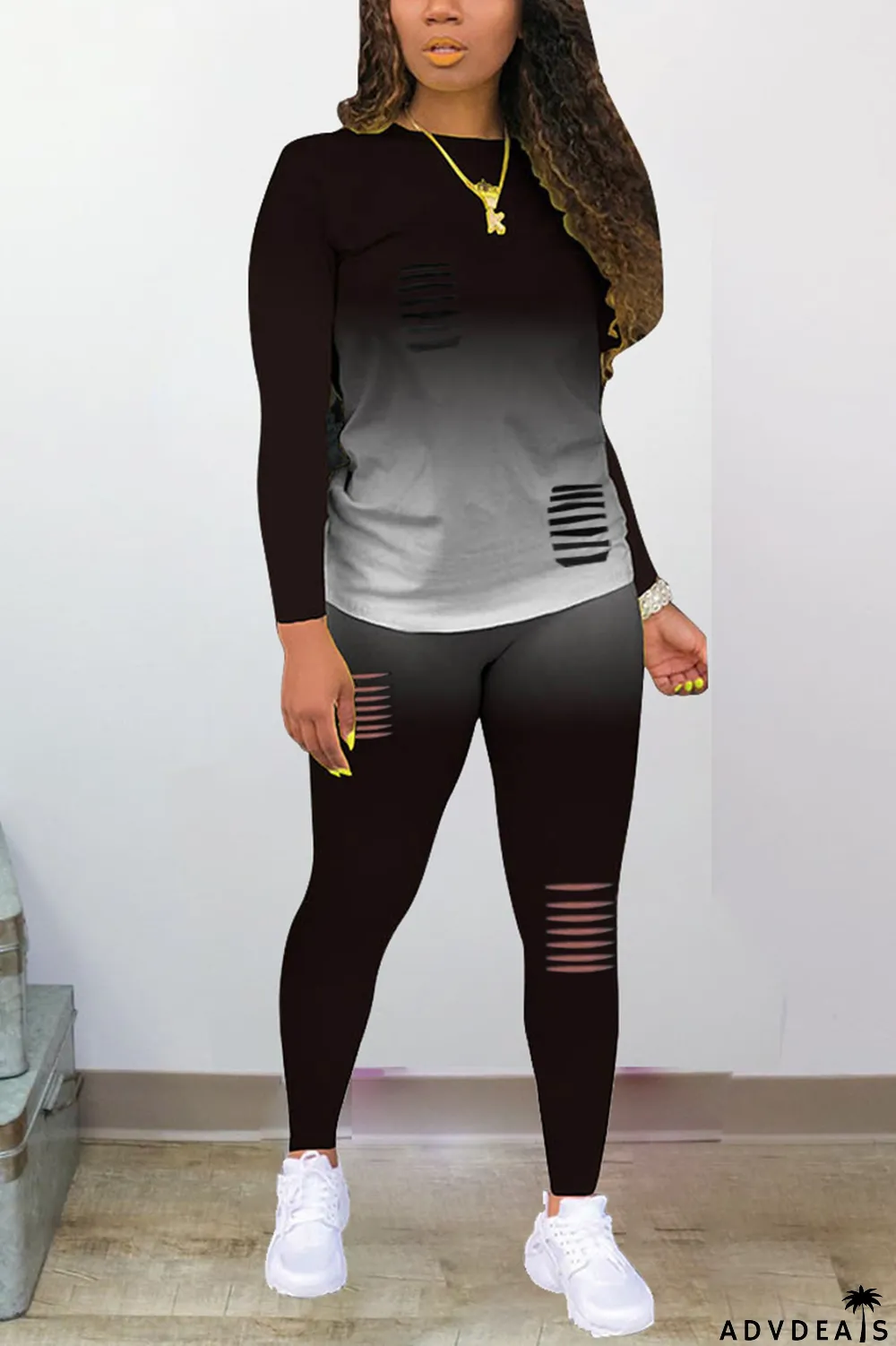 Purple Sexy Gradual Change Ripped O Neck Plus Size