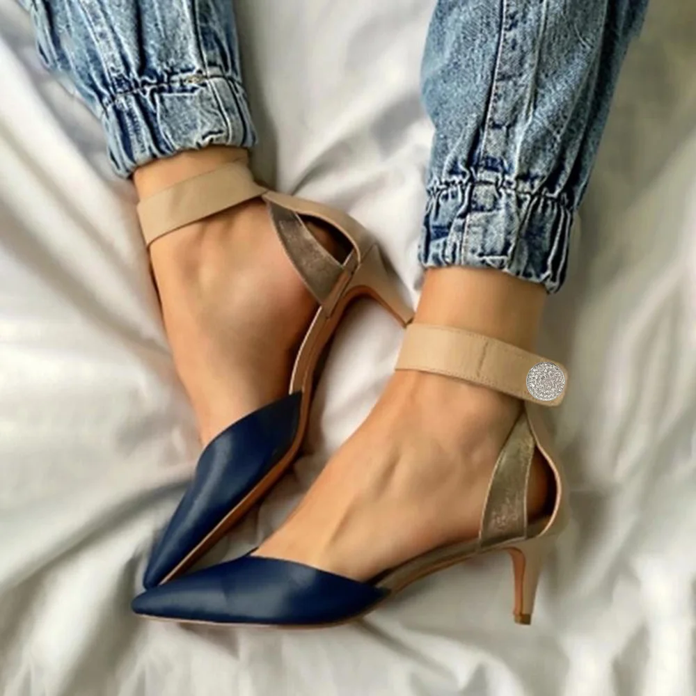 Navy & Nude Pointed Toe Ankle Strappy Pumps With Kitten Heel Nicepairs