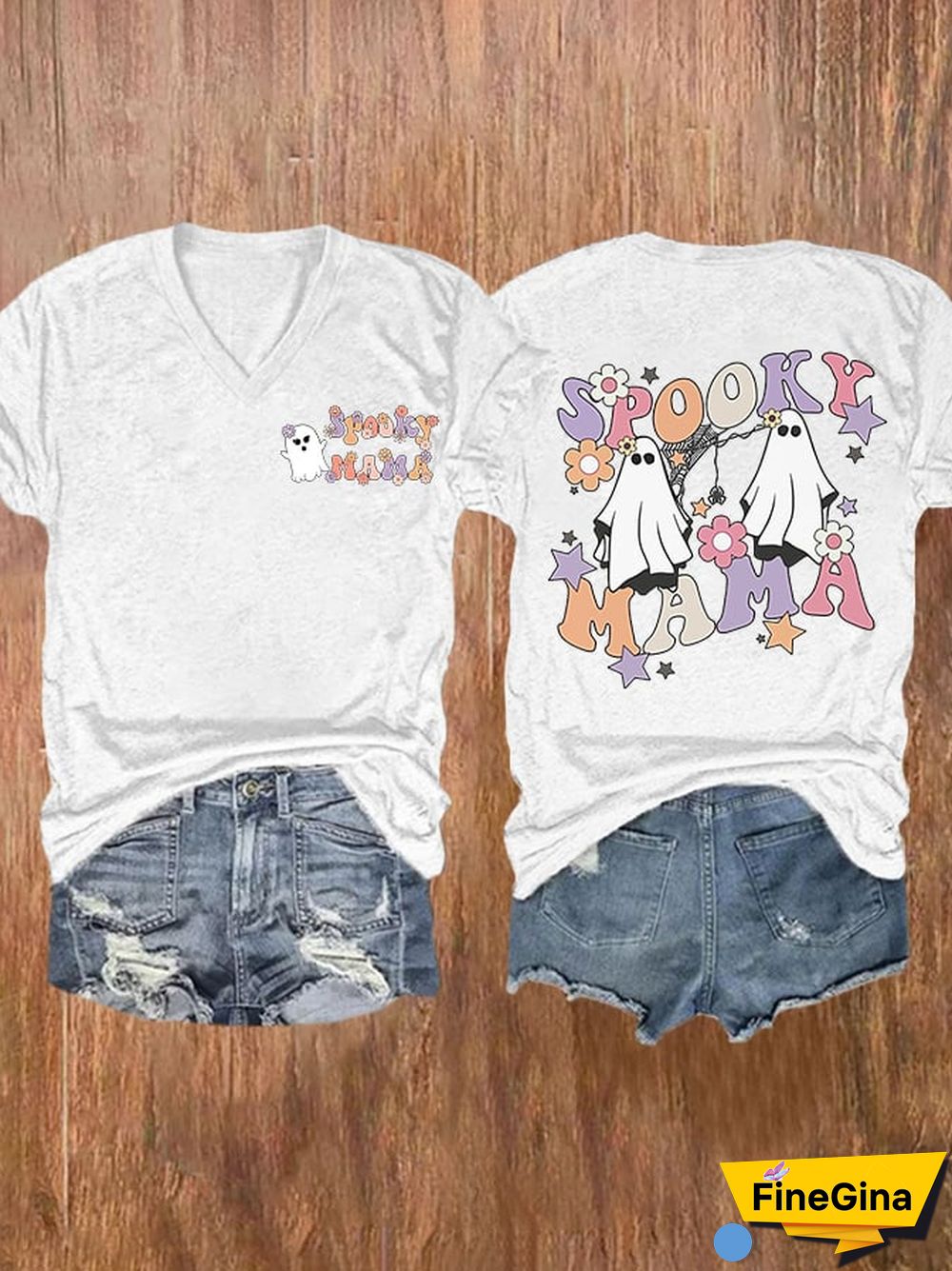 V-neck Halloween Spooky Mama Flower Print T-Shirt