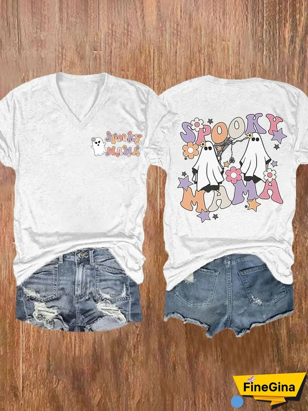 V-neck Halloween Spooky Mama Flower Print T-Shirt