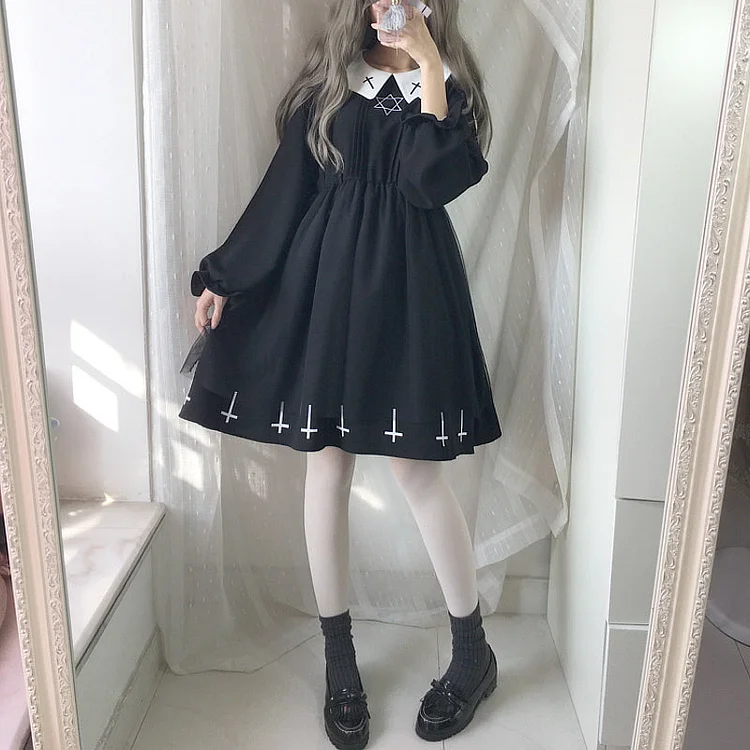 Cross Embroidery Gothic Lolita Dress - Gotamochi Kawaii Shop, Kawaii Clothes