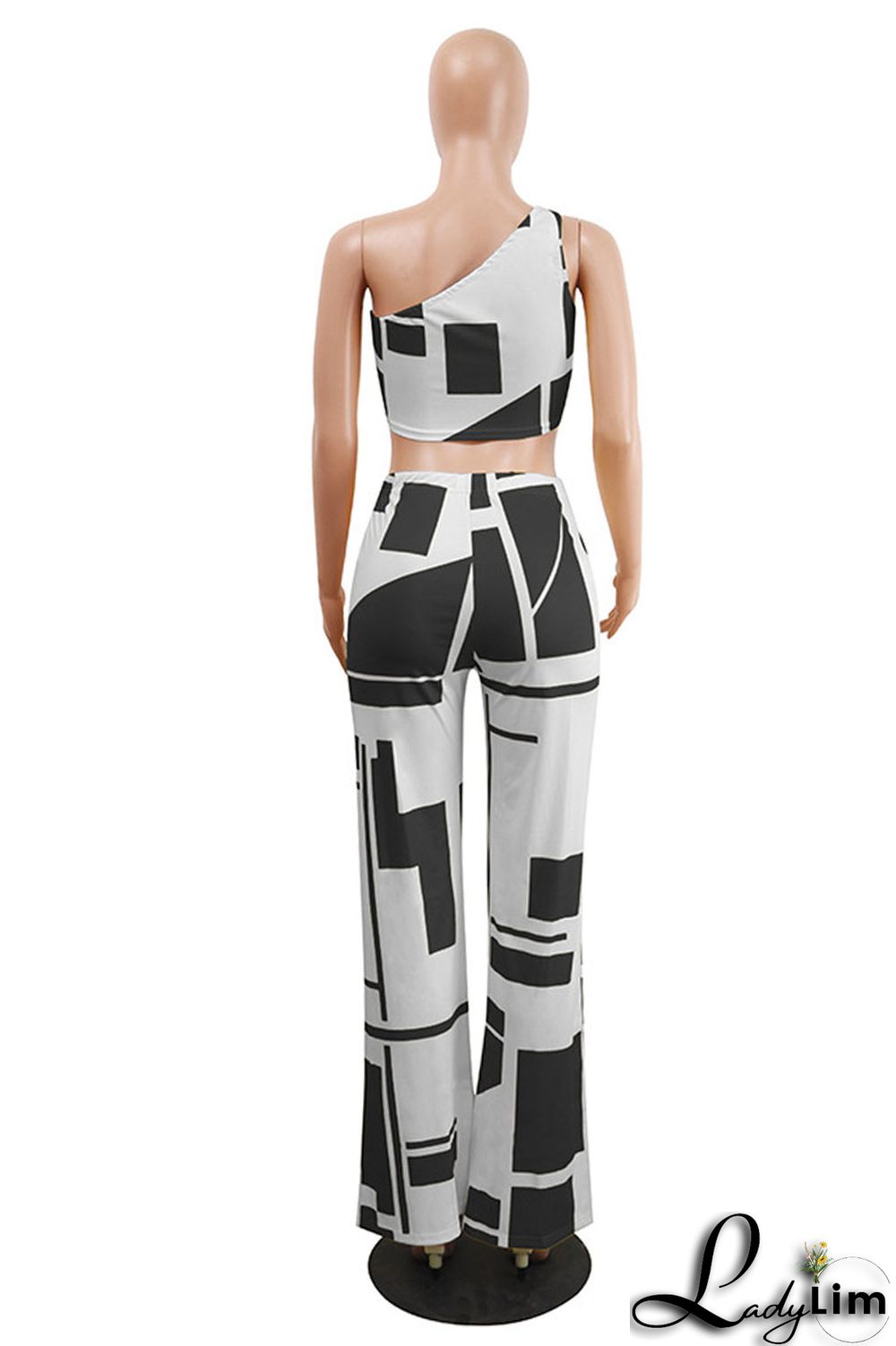 Black Sexy Casual Print Vests Pants One Shoulder Sleeveless Two Pieces