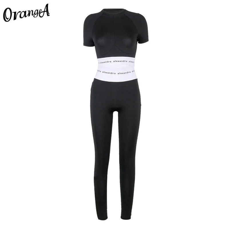 OrangeA women tracksuit letter print 2piece set crop tops+sporty matching set wide waistband skinny stretchy casual sportwear