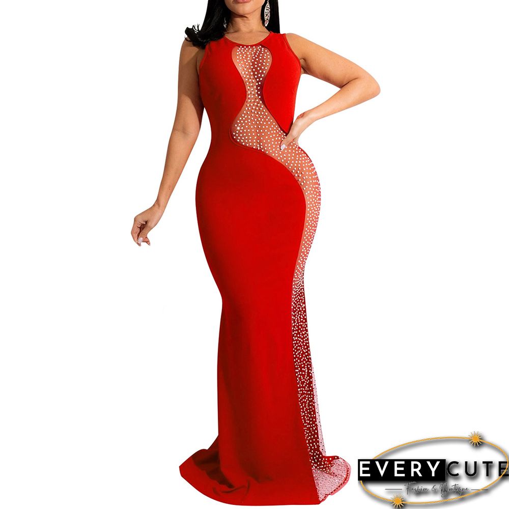 Red Rhinestones Mesh Sleeveless Maxi Dress