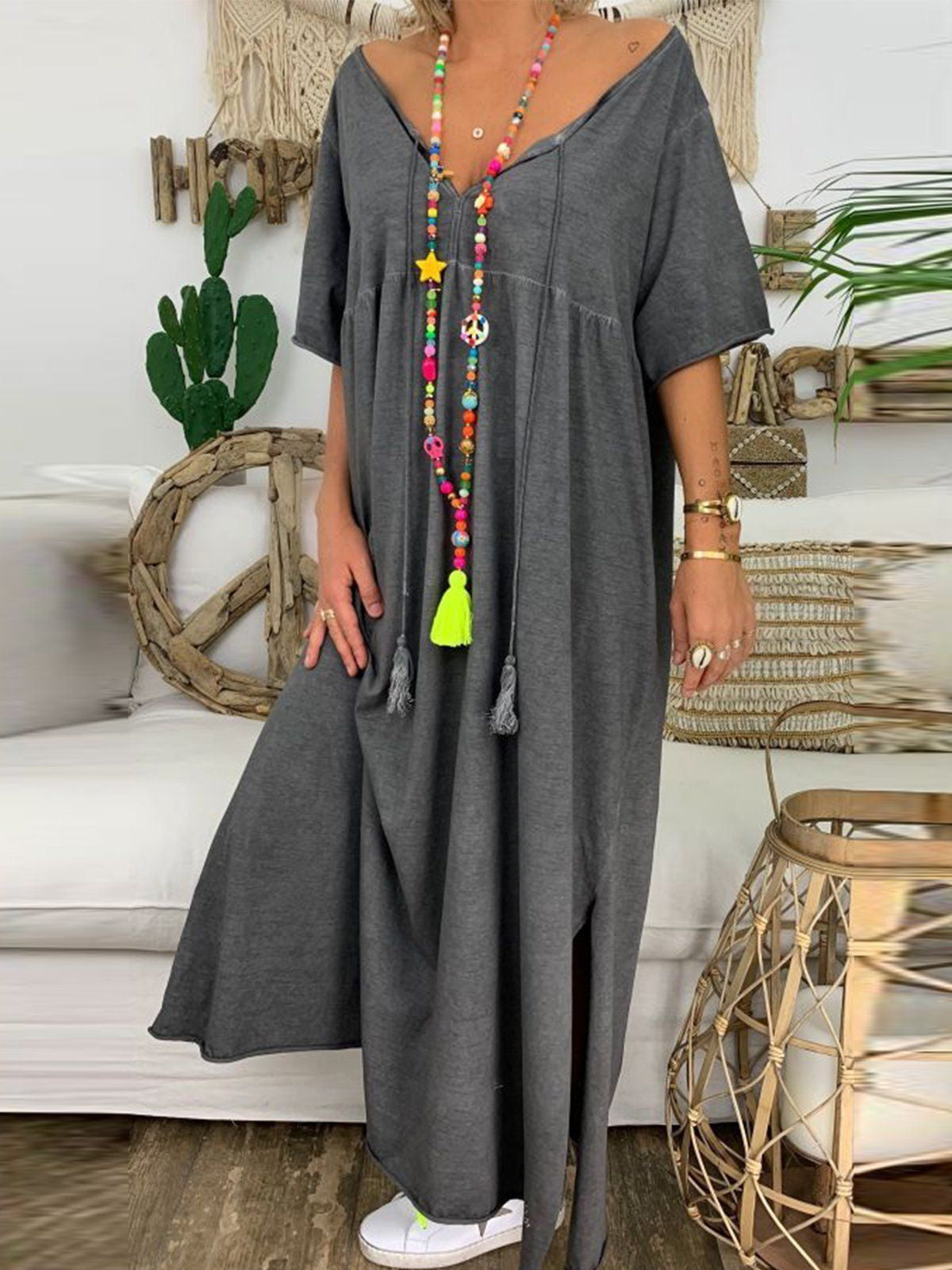 Women's Half Sleeve V-neck Solid Color Maxi Dress