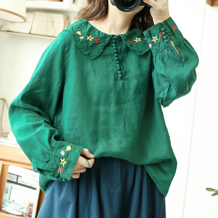 Queenfunky cottagecore style Forest Green Linen Embroidered Blouse QueenFunky