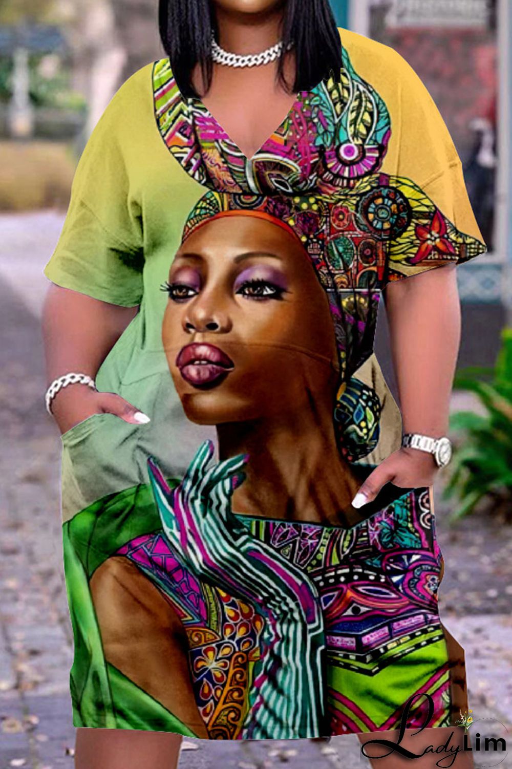 Beige Casual Street Print Patchwork V Neck Straight Dresses