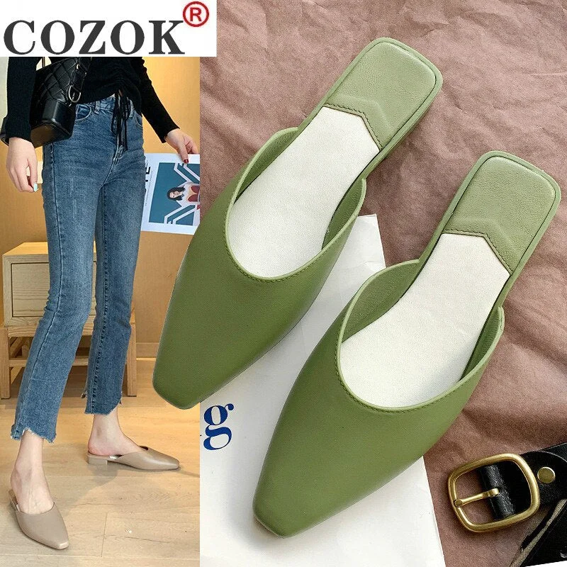 2021 Fashion Pointed Toe Mules Women Summer Slippers Candy Color Flats Slip-on Holiday Ladies Sandals Slides PU Women Shoes