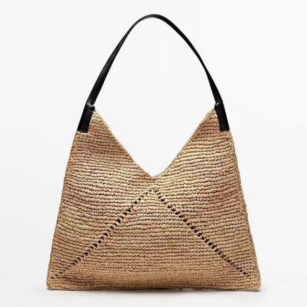 V-Shape Natural Raffia Tote Bag with Black Leather Shoulder Strap, Large Woven Straw Shoulder Bag for Summer Holiday-MERUMOTE