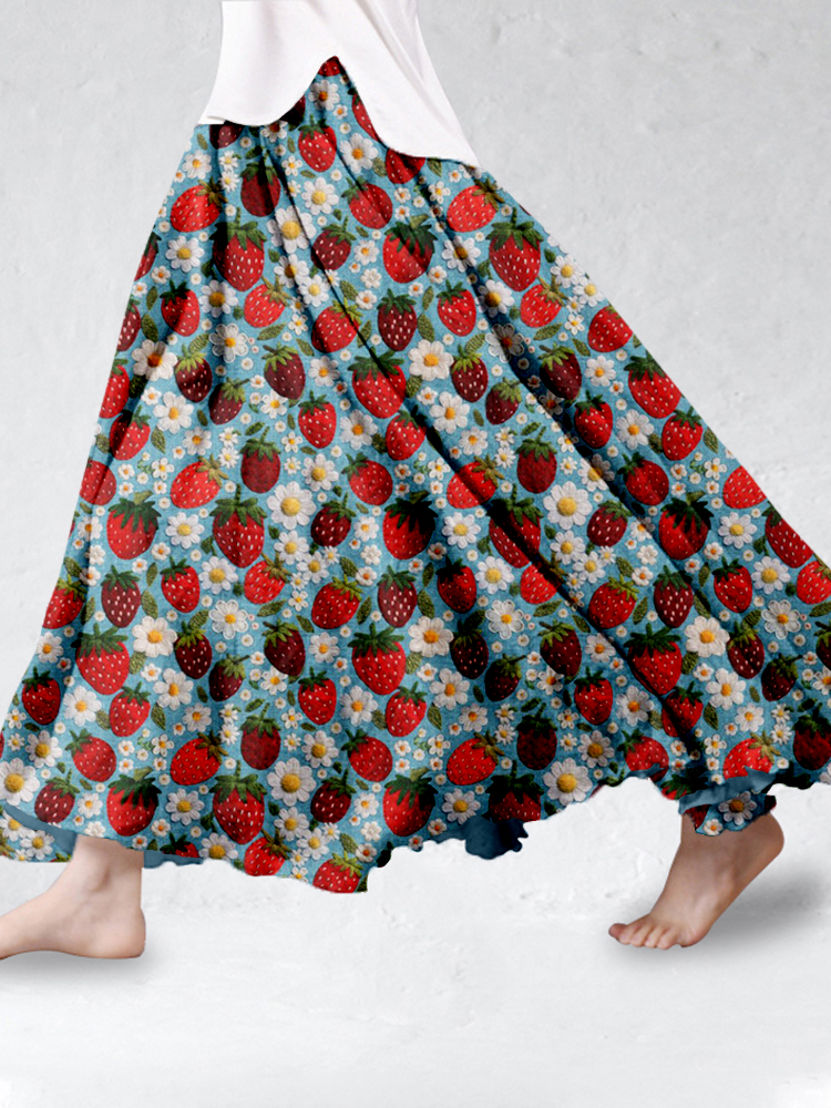 Felt Strawberries and Flowers Embroidered Linen Blend Flowy Wide Skirt wearshes
