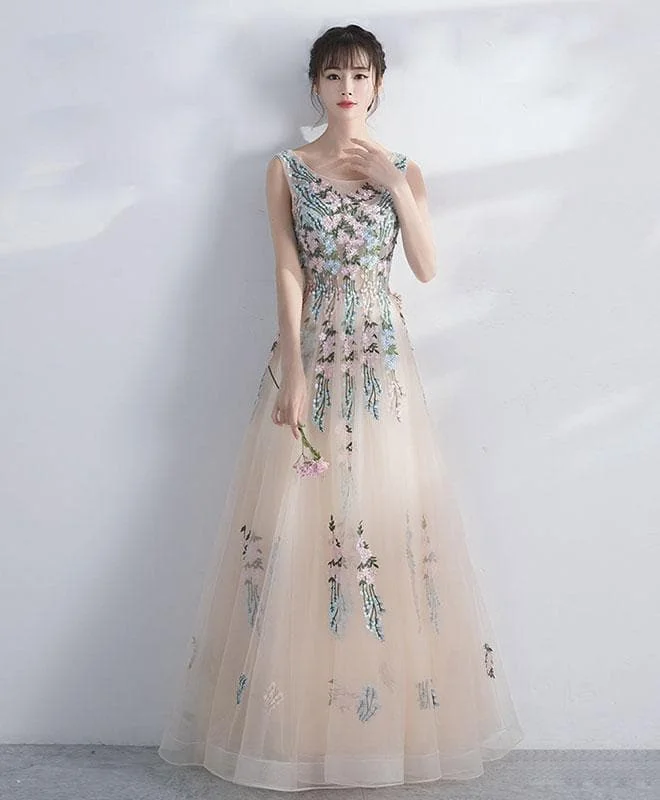Champagne Round Neck Tulle Lace Long Prom Dress